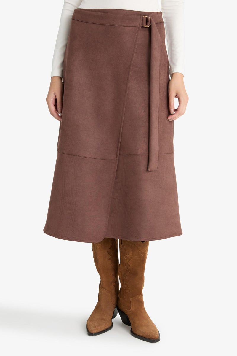 DeFacto Brown Woman Wrap Suede Midi Skirt Casual - Image 2